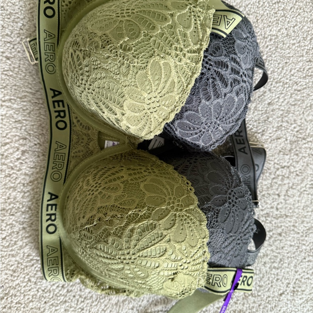 Lace Bra Set - Olive Green and Gray